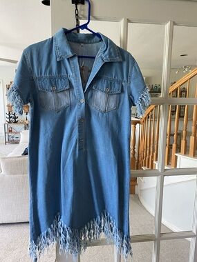 Frayed Hem Denim Mini Dress - Light Blue